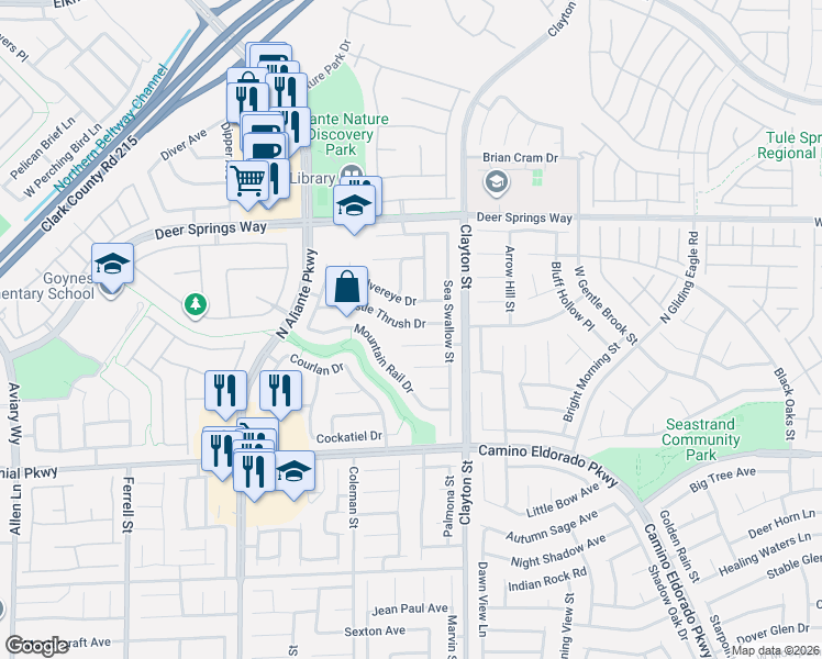 map of restaurants, bars, coffee shops, grocery stores, and more near 2125 Mistle Thrush Drive in North Las Vegas