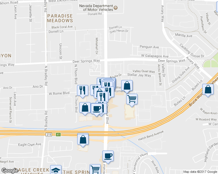 map of restaurants, bars, coffee shops, grocery stores, and more near 6625 Abruzzi Drive in North Las Vegas