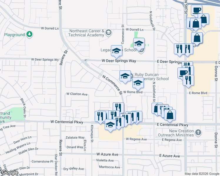 map of restaurants, bars, coffee shops, grocery stores, and more near 6629 Cinnabar Coast Lane in North Las Vegas