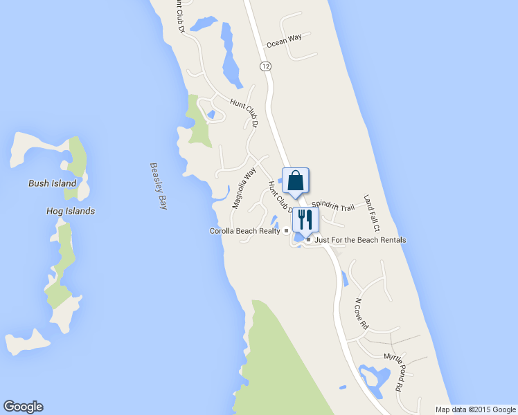 map of restaurants, bars, coffee shops, grocery stores, and more near 511 Oak View Court in Corolla