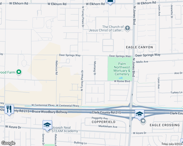 map of restaurants, bars, coffee shops, grocery stores, and more near 6661 Mustang Street in Las Vegas