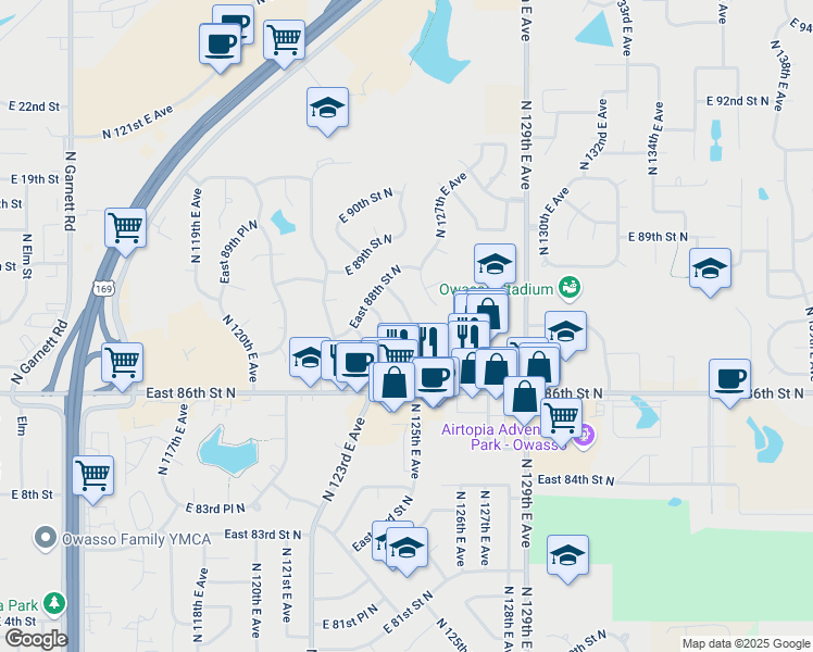 map of restaurants, bars, coffee shops, grocery stores, and more near 8700 North 125th East Avenue in Owasso