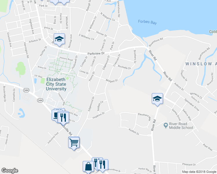 map of restaurants, bars, coffee shops, grocery stores, and more near 1608 Crescent Drive in Elizabeth City