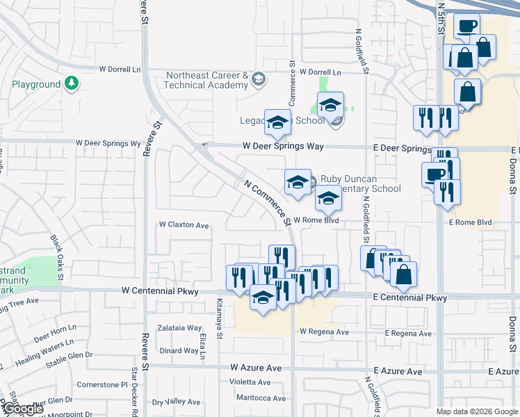 map of restaurants, bars, coffee shops, grocery stores, and more near 6629 Cinnabar Coast Lane in North Las Vegas