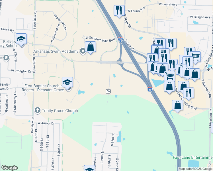 map of restaurants, bars, coffee shops, grocery stores, and more near 1401-1463 Mills Place in Rogers