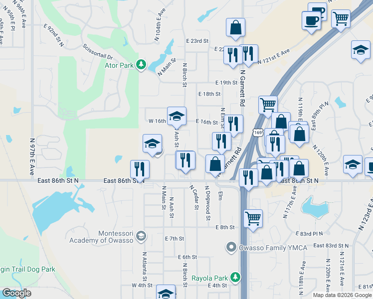 map of restaurants, bars, coffee shops, grocery stores, and more near 1401 North Birch Street in Owasso
