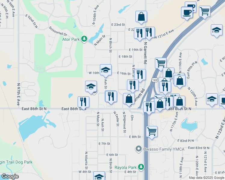 map of restaurants, bars, coffee shops, grocery stores, and more near 1405 North Birch Street in Owasso