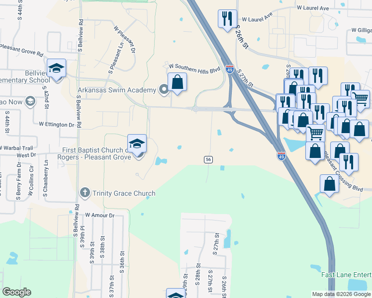 map of restaurants, bars, coffee shops, grocery stores, and more near 1502 Mills Place in Rogers