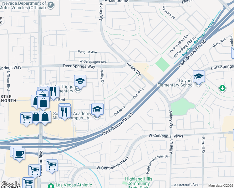 map of restaurants, bars, coffee shops, grocery stores, and more near 4162 Great Egret Lane in North Las Vegas