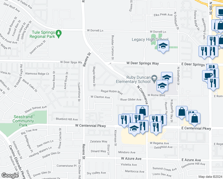 map of restaurants, bars, coffee shops, grocery stores, and more near 518 Regal Robin Way in North Las Vegas