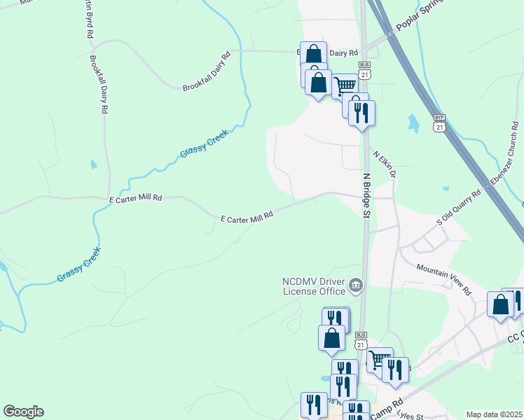 map of restaurants, bars, coffee shops, grocery stores, and more near 144 East Carter Mill Road in Elkin