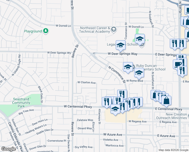 map of restaurants, bars, coffee shops, grocery stores, and more near 526 Regal Robin Way in North Las Vegas