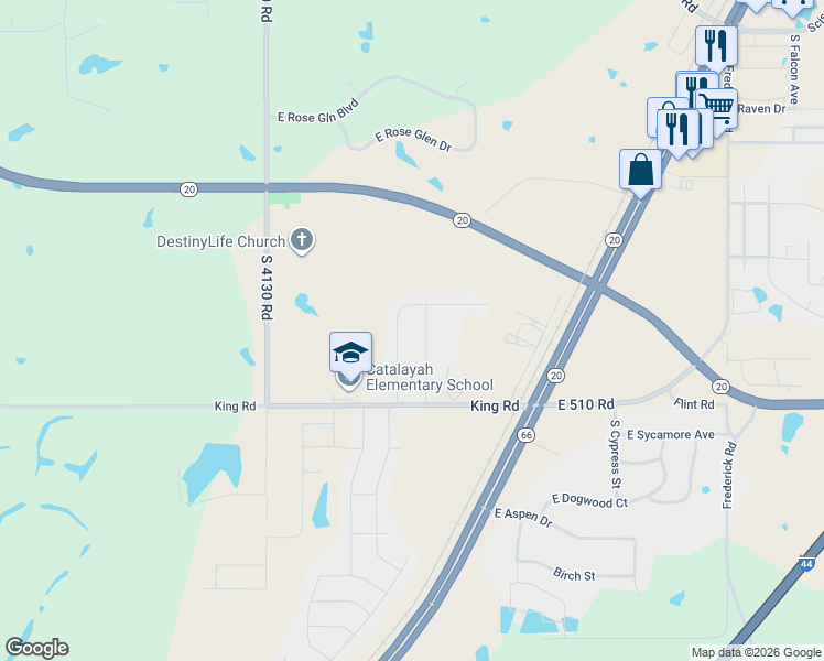 map of restaurants, bars, coffee shops, grocery stores, and more near 2500 W. King Lane in Claremore