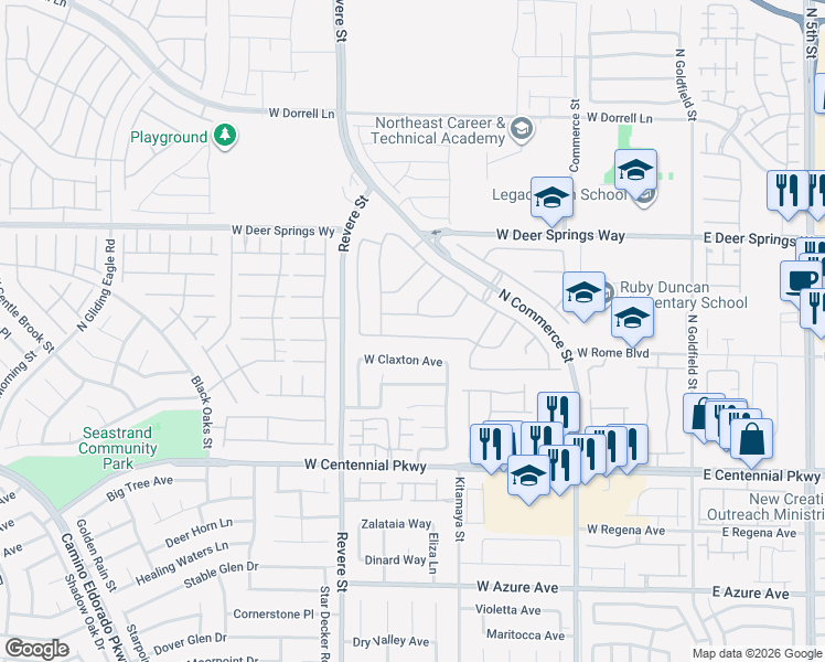 map of restaurants, bars, coffee shops, grocery stores, and more near 606 Regal Robin Way in North Las Vegas