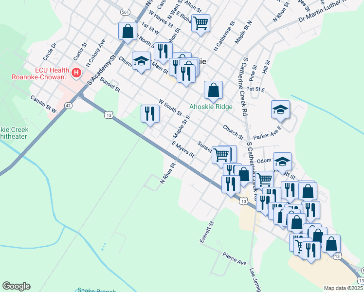map of restaurants, bars, coffee shops, grocery stores, and more near 317 East Myers Street in Ahoskie