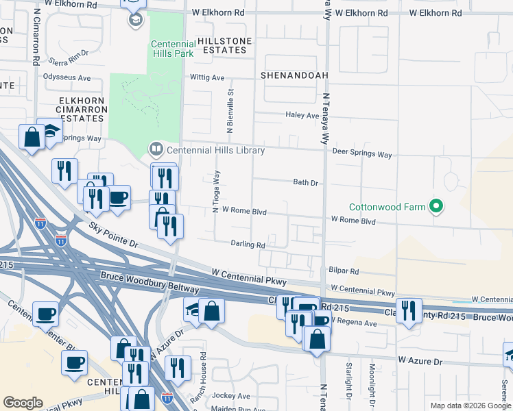 map of restaurants, bars, coffee shops, grocery stores, and more near 7390 West Rome Boulevard in Las Vegas
