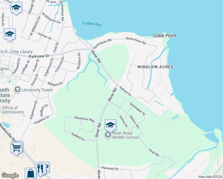 map of restaurants, bars, coffee shops, grocery stores, and more near 1724 River Road in Elizabeth City