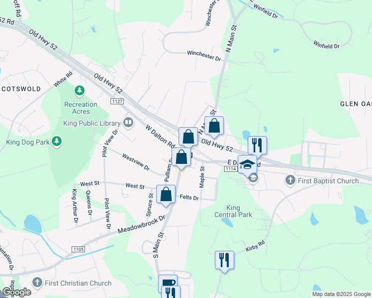 map of restaurants, bars, coffee shops, grocery stores, and more near 110 South Main Street in King