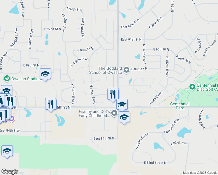 map of restaurants, bars, coffee shops, grocery stores, and more near 8713 North 143rd East Avenue in Owasso