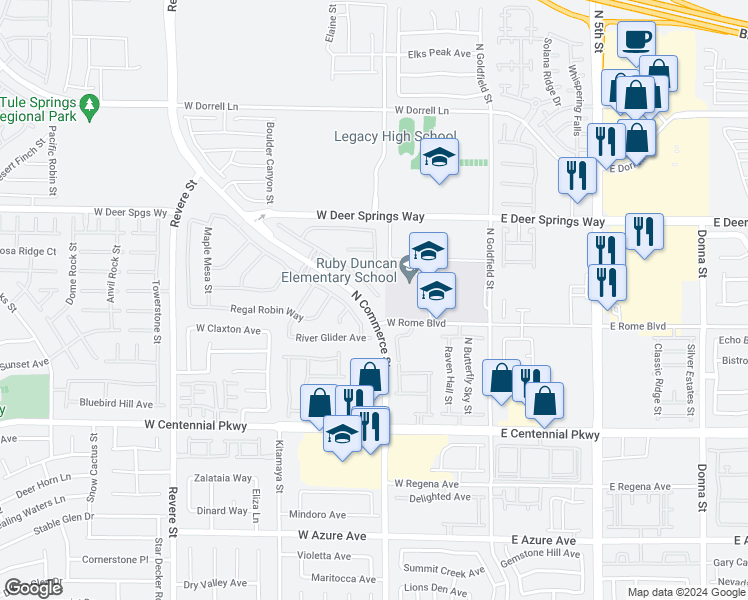 map of restaurants, bars, coffee shops, grocery stores, and more near 6615 Montezuma Castle Lane in North Las Vegas