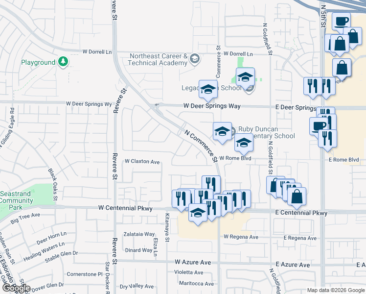 map of restaurants, bars, coffee shops, grocery stores, and more near 6604 Mammoth Canyon Place in North Las Vegas