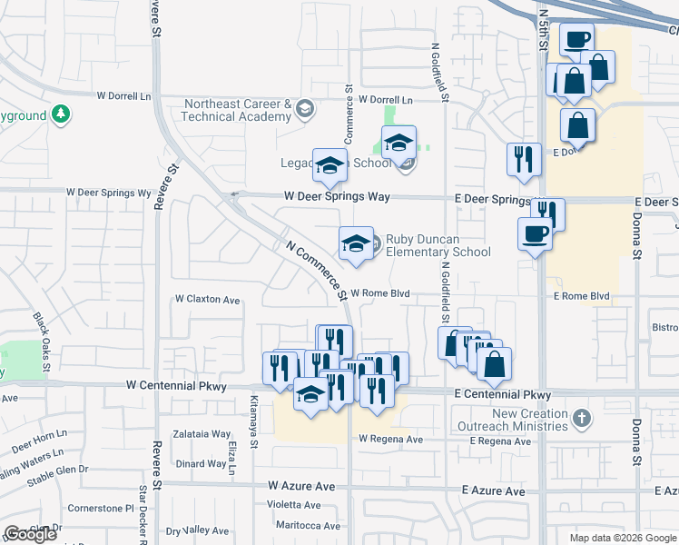 map of restaurants, bars, coffee shops, grocery stores, and more near 6615 Montezuma Castle Lane in North Las Vegas