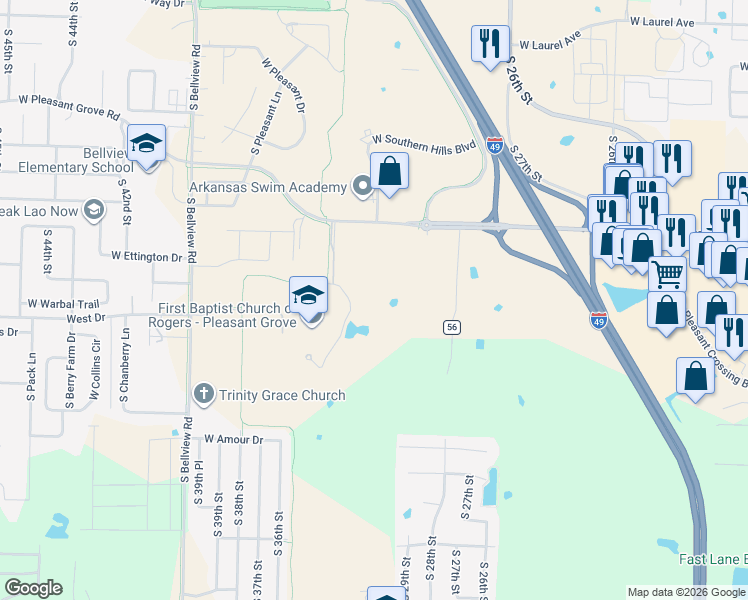 map of restaurants, bars, coffee shops, grocery stores, and more near 1502 Mills Place in Rogers