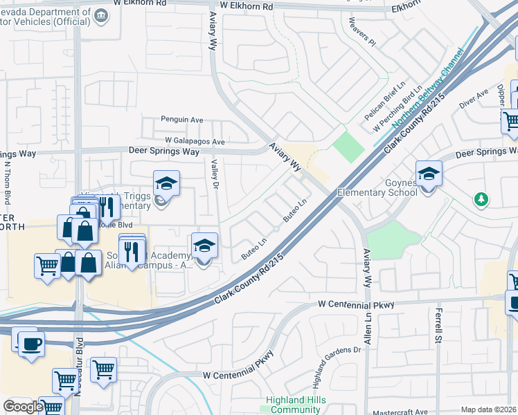 map of restaurants, bars, coffee shops, grocery stores, and more near 6637 Pine Siskin Place in North Las Vegas