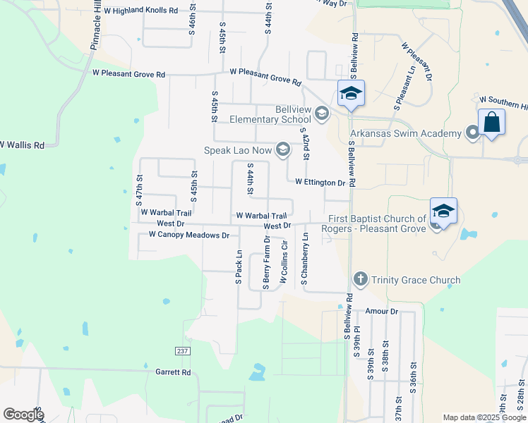 map of restaurants, bars, coffee shops, grocery stores, and more near 5602 Bent Tree Drive in Rogers