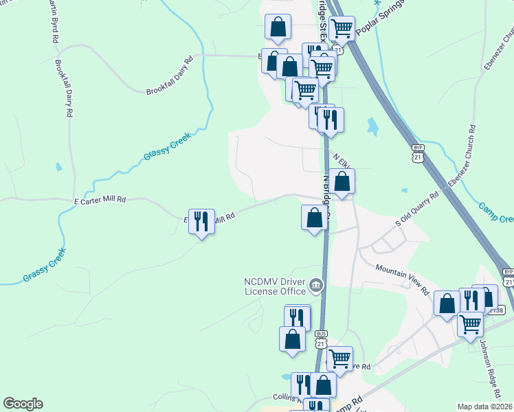 map of restaurants, bars, coffee shops, grocery stores, and more near 136 East Carter Mill Road in Elkin