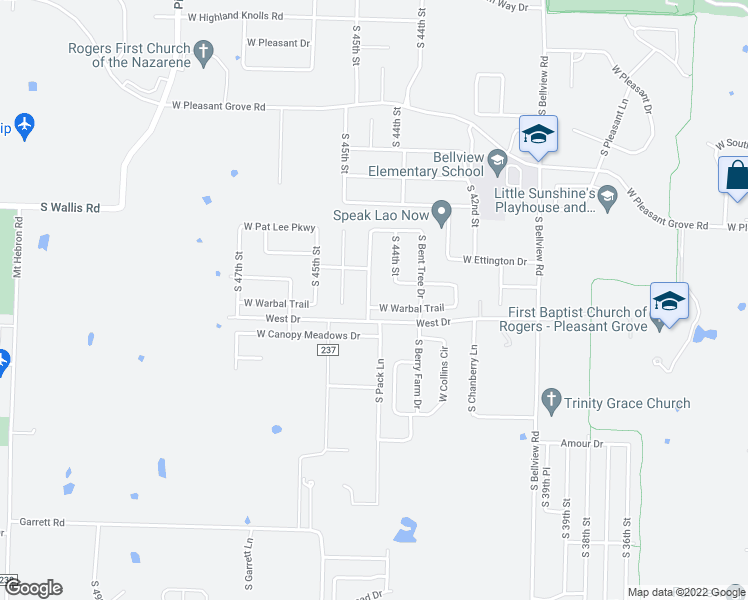 map of restaurants, bars, coffee shops, grocery stores, and more near 4406 West Warbal Trail in Rogers