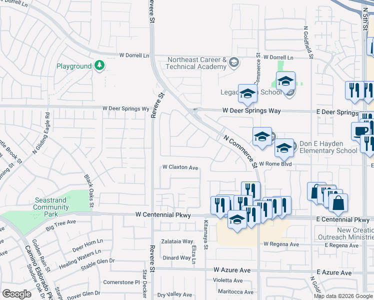 map of restaurants, bars, coffee shops, grocery stores, and more near 611 Regal Robin Way in North Las Vegas