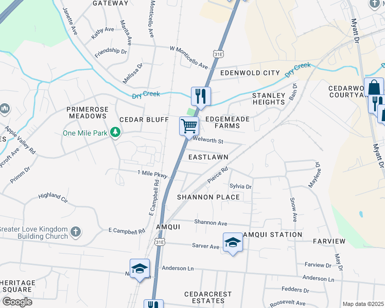 map of restaurants, bars, coffee shops, grocery stores, and more near 106 Odette Street in Nashville