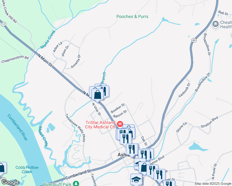 map of restaurants, bars, coffee shops, grocery stores, and more near 115 Bowker Street in Ashland City