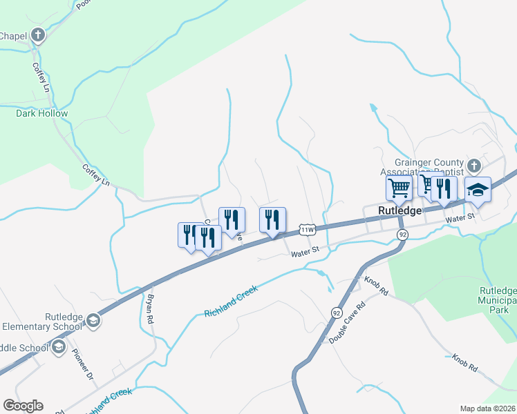 map of restaurants, bars, coffee shops, grocery stores, and more near 158 Cedar Avenue in Rutledge
