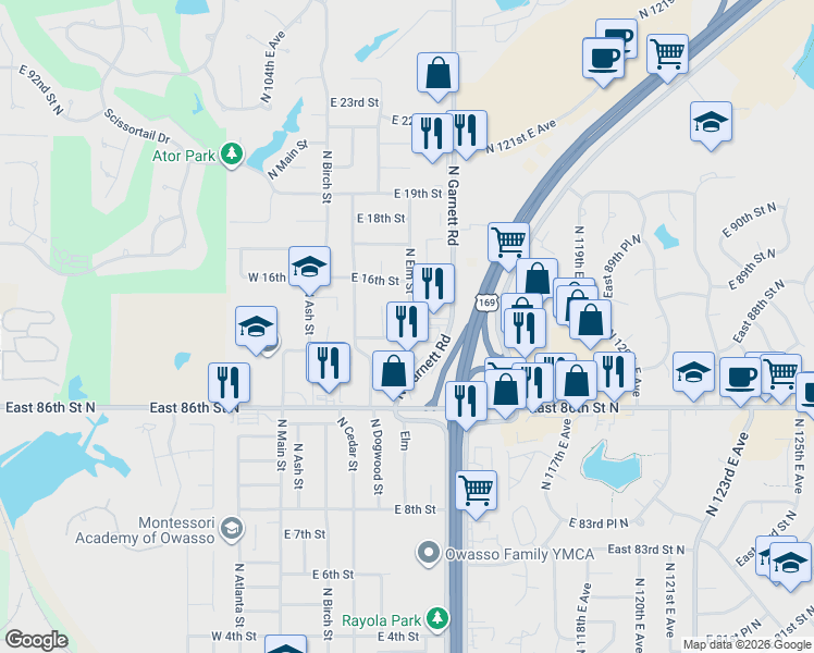 map of restaurants, bars, coffee shops, grocery stores, and more near 8712 North Garnett Road in Owasso