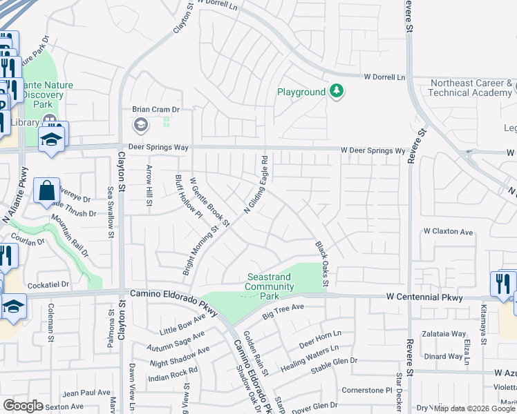 map of restaurants, bars, coffee shops, grocery stores, and more near 6621 North Arbor Bluff Court in North Las Vegas