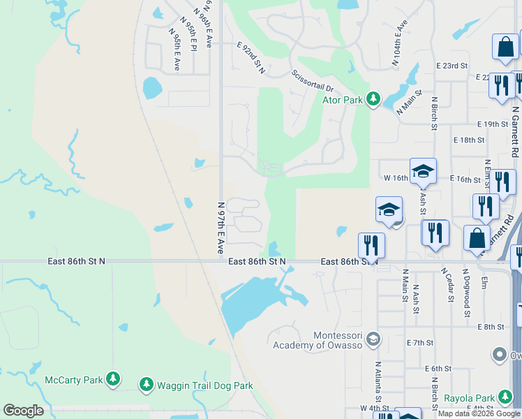 map of restaurants, bars, coffee shops, grocery stores, and more near 8769 North 97th East Avenue in Owasso