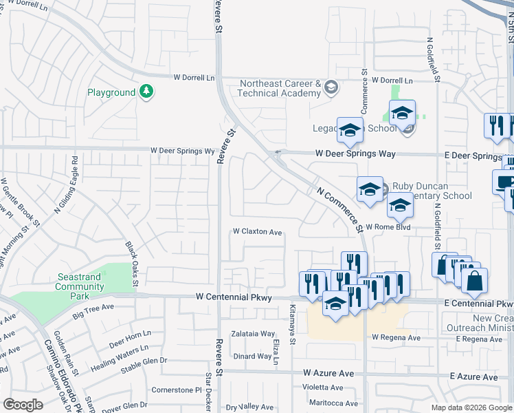 map of restaurants, bars, coffee shops, grocery stores, and more near 617 Lava Beds Way in North Las Vegas