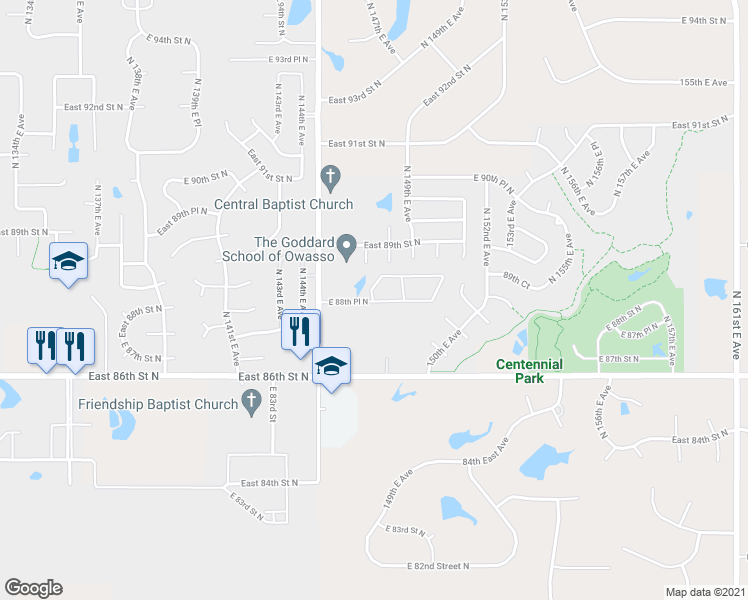 map of restaurants, bars, coffee shops, grocery stores, and more near 14700 East 88th Place North in Owasso
