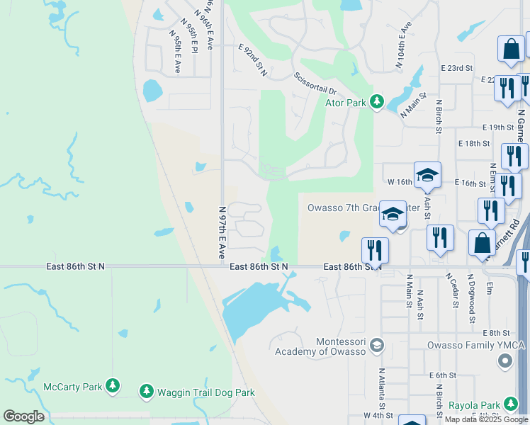 map of restaurants, bars, coffee shops, grocery stores, and more near 8769 North 97th East Avenue in Owasso