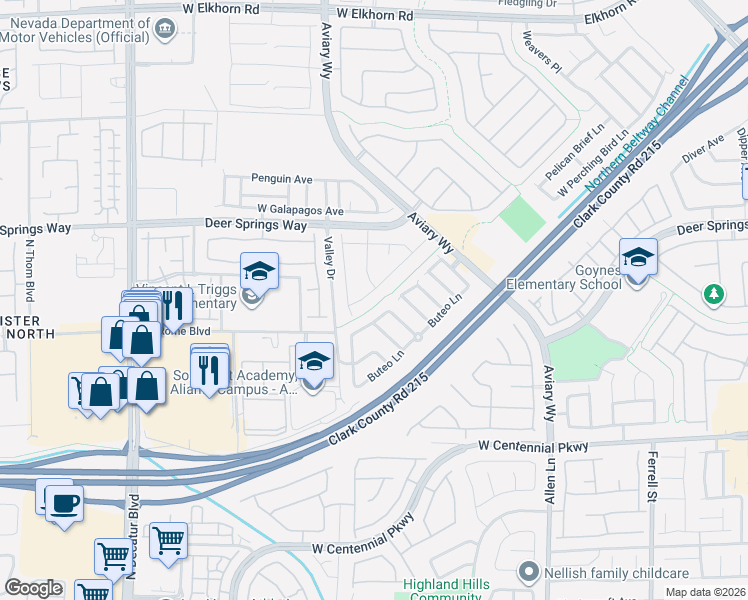 map of restaurants, bars, coffee shops, grocery stores, and more near 6637 Pine Siskin Place in North Las Vegas
