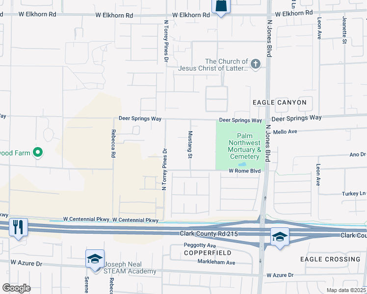 map of restaurants, bars, coffee shops, grocery stores, and more near 6681 Mustang Street in Las Vegas