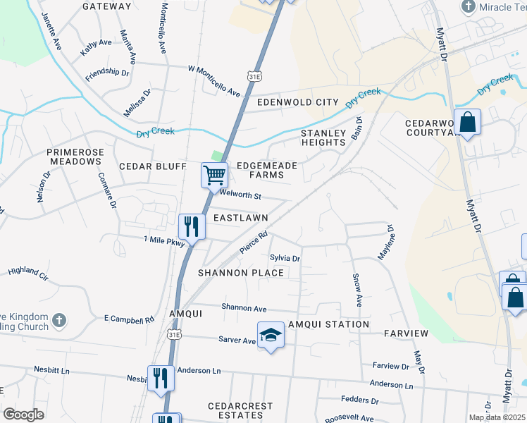 map of restaurants, bars, coffee shops, grocery stores, and more near 1390 Florence Avenue in Nashville