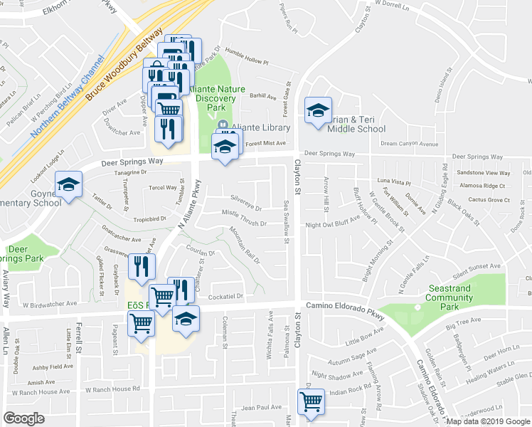 map of restaurants, bars, coffee shops, grocery stores, and more near 2129 Silvereye Drive in North Las Vegas