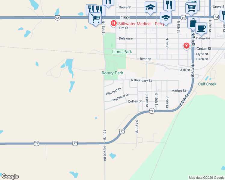 map of restaurants, bars, coffee shops, grocery stores, and more near 1310 South Boundary Street in Perry