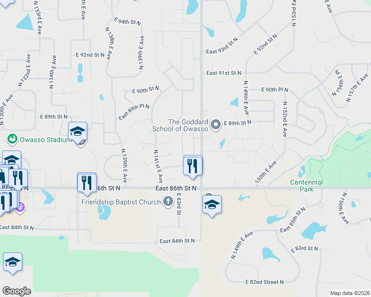 map of restaurants, bars, coffee shops, grocery stores, and more near 8807 North 143rd East Avenue in Owasso