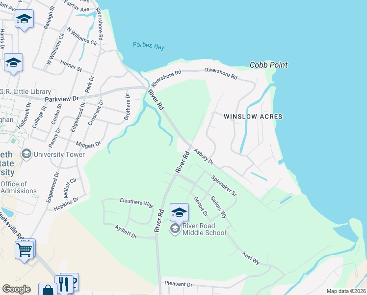 map of restaurants, bars, coffee shops, grocery stores, and more near 1724 River Road in Elizabeth City