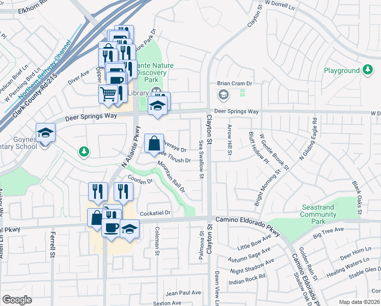map of restaurants, bars, coffee shops, grocery stores, and more near 2121 Silvereye Drive in North Las Vegas