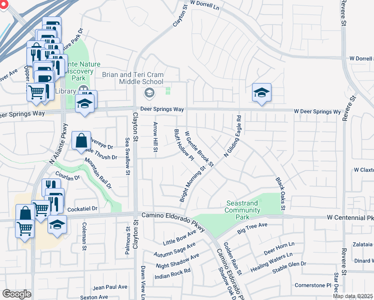 map of restaurants, bars, coffee shops, grocery stores, and more near 1750 Bluff Hollow Place in North Las Vegas